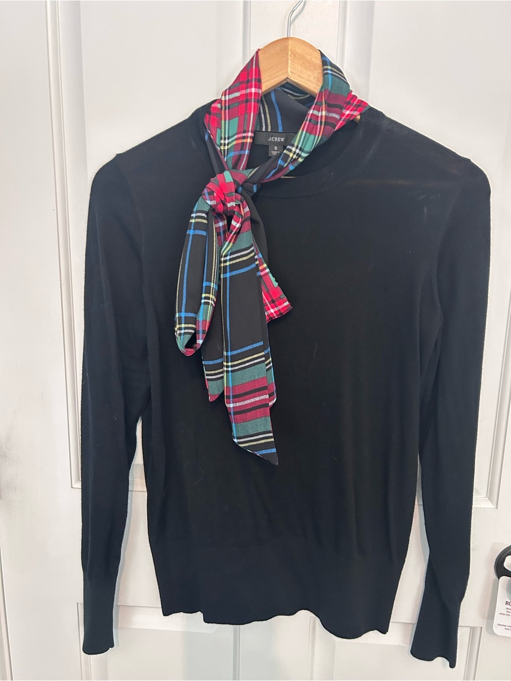J. Crew Black Crewneck Sweater with Plaid Neck Scarf Accent